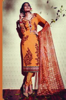 Orange Embroidered Georgette Semi Stitched Salwar With Dupatta
