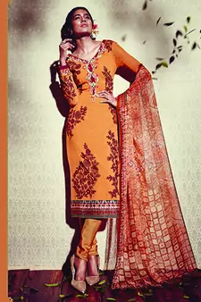 Orange Embroidered Georgette Semi Stitched Salwar With Dupatta