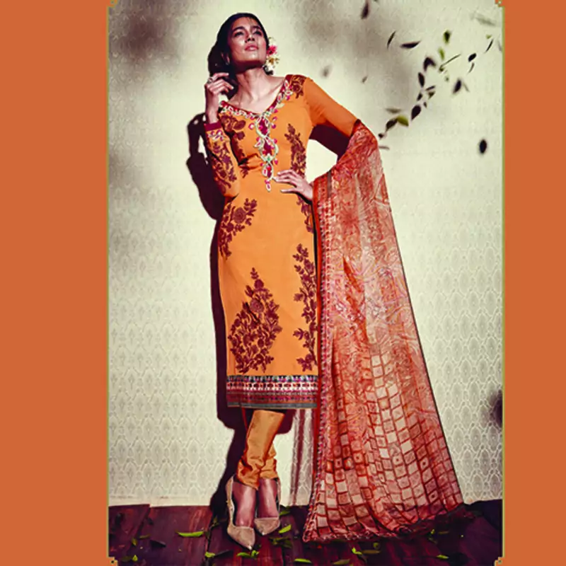Orange Embroidered Georgette Semi Stitched Salwar With Dupatta