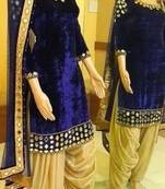 Designer blue velvet Embroidered  Fancy punjabi salvar suit with mirror work
