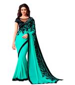 light turquoise embroidered faux georgette saree with blouse