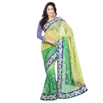 Green Embroidered Net Saree With Blouse 1