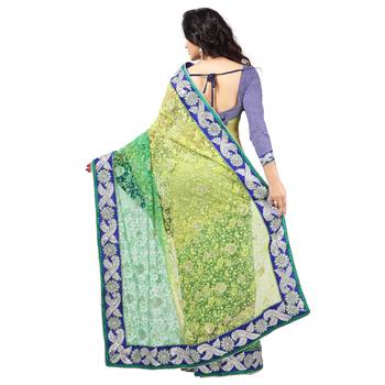 Green Embroidered Net Saree With Blouse 4