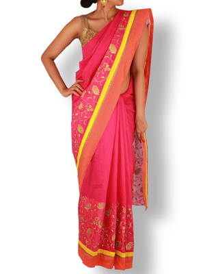 rani_pink embroidered chanderi saree with blouse 1