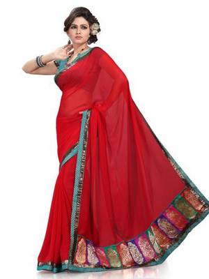 Red embroidered chiffon saree with blouse 1
