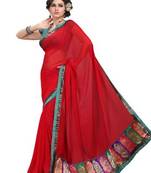 Red embroidered chiffon saree with blouse