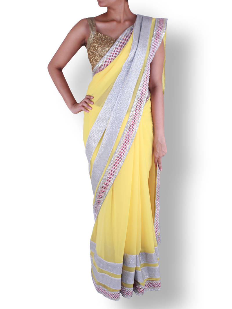 Yellow Plain Georgette Saree
