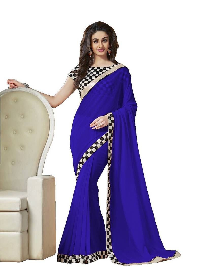 blue plain faux georgette saree with blouse