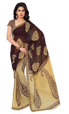 Brown printed faux georgette saree with blouse 1