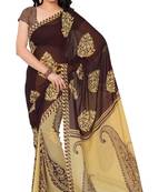 Brown printed faux georgette saree with blouse