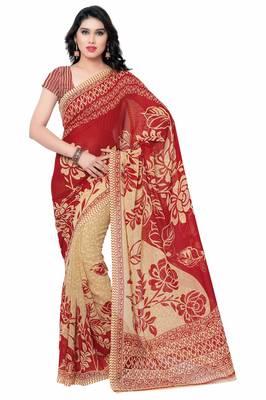 Red printed faux georgette saree with blouse 1