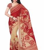 Red printed faux georgette saree with blouse