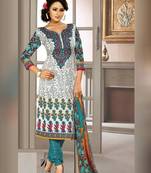 White  and  multi crepe printed unstitched salwar with dupatta