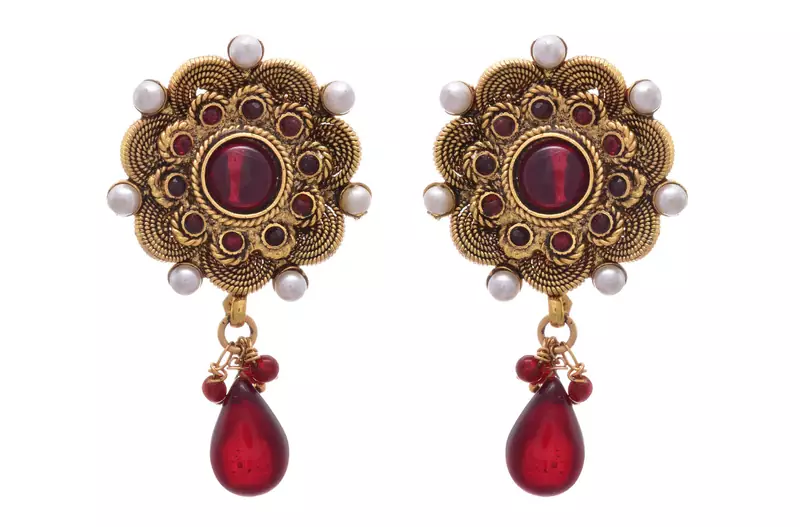 Red gold plated pearl danglers drops