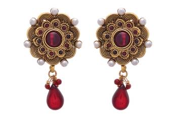 Red gold plated pearl danglers drops 1