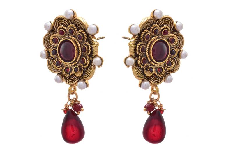 Red gold plated pearl danglers drops