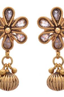 JFL - Fab Floral Designer White One Gram Gold Plated American Diamond Polki Earrings 