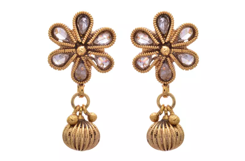 JFL - Fab Floral Designer White One Gram Gold Plated American Diamond Polki Earrings 