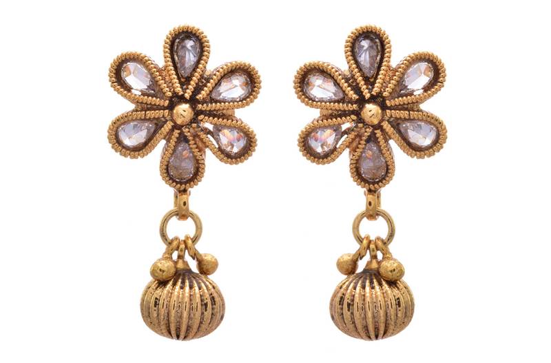 JFL - Fab Floral Designer White One Gram Gold Plated American Diamond Polki Earrings 
