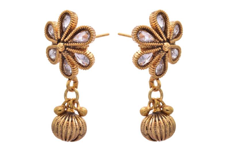 JFL - Fab Floral Designer White One Gram Gold Plated American Diamond Polki Earrings 