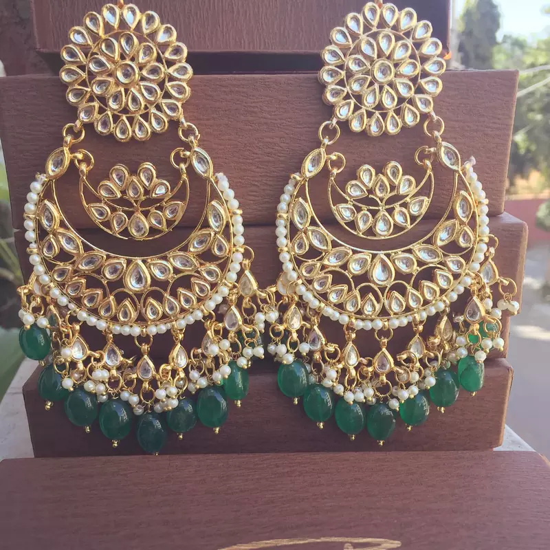 Green kundan danglers drops