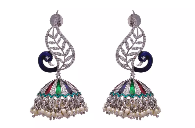 Multi colour gold plated american diamond jhumkas