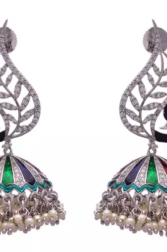 Multi colour gold plated american diamond jhumkas