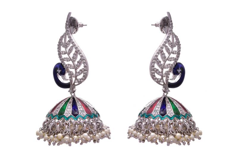 Multi colour gold plated american diamond jhumkas