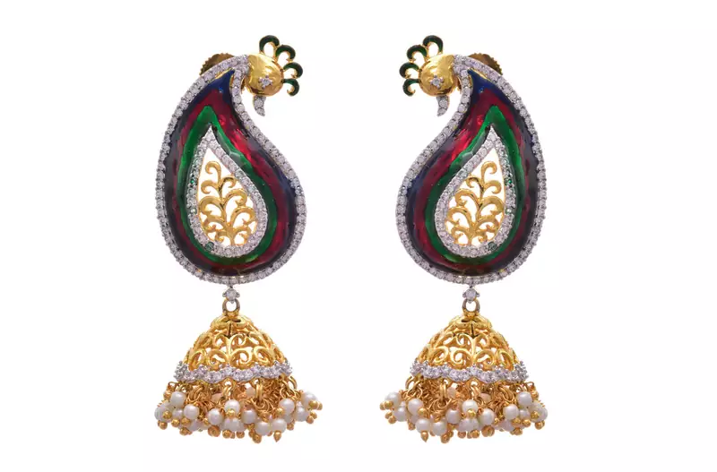 Multi colour gold plated american diamond jhumkas