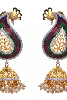 Multi colour gold plated american diamond jhumkas
