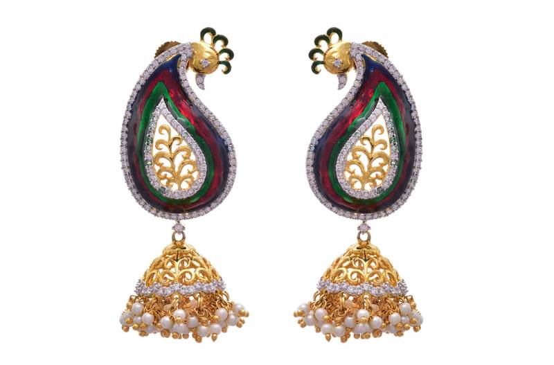 Multi colour gold plated american diamond jhumkas