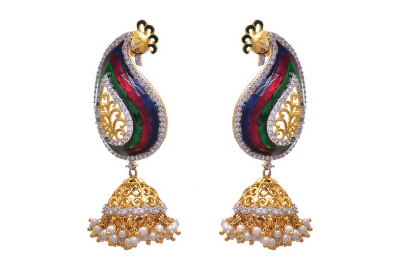 Multi colour gold plated american diamond jhumkas