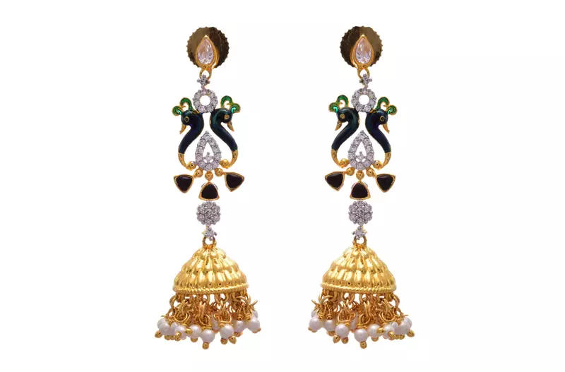 Multi colour gold plated american diamond jhumkas