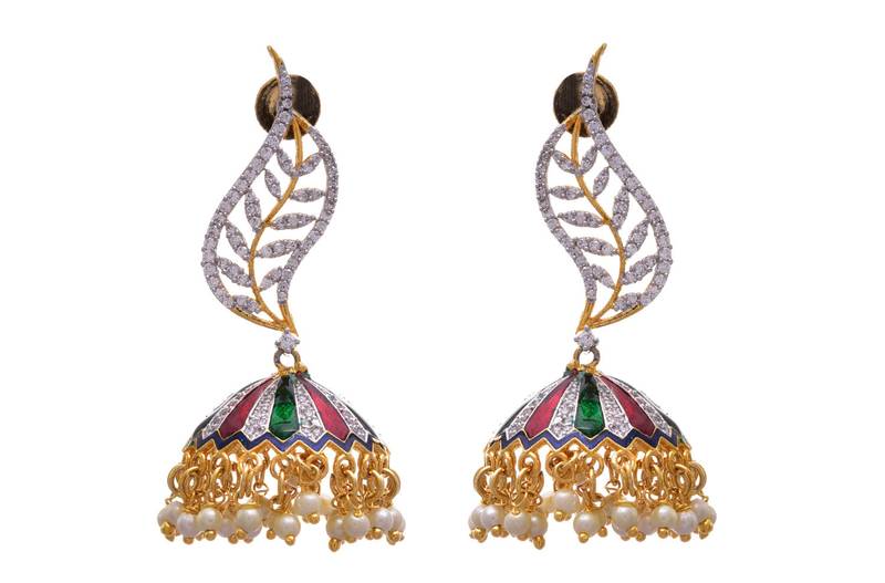 Multi colour gold plated american diamond jhumkas