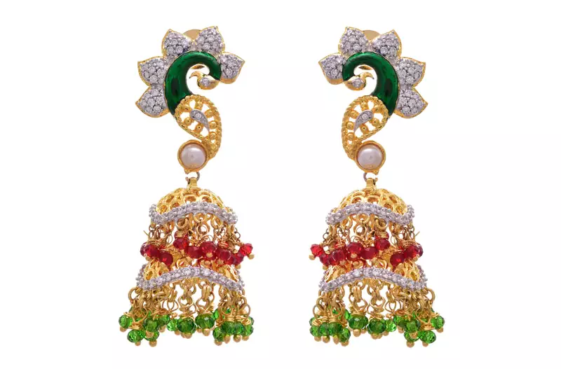 Red, green gold plated american diamond jhumkas