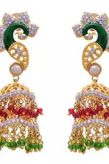 Red, green gold plated american diamond jhumkas