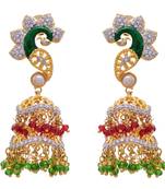Red, green gold plated american diamond jhumkas