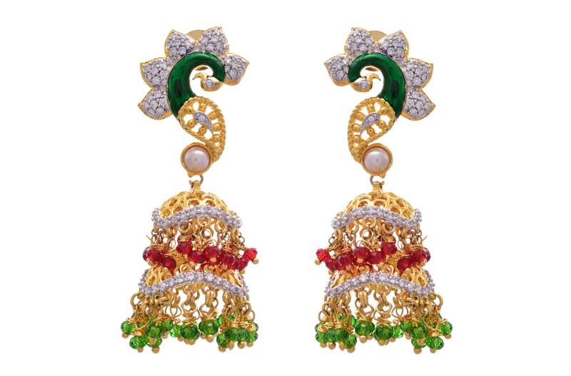 Red, green gold plated american diamond jhumkas