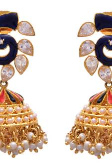 JFL - Charimatic Designer Blue One Gram Gold Plated Cz Diamond Pearl Meenakari Peacock Earring