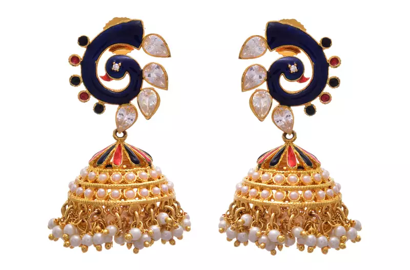 JFL - Charimatic Designer Blue One Gram Gold Plated Cz Diamond Pearl Meenakari Peacock Earring