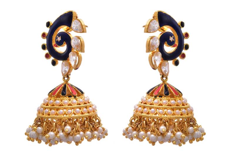 JFL - Charimatic Designer Blue One Gram Gold Plated Cz Diamond Pearl Meenakari Peacock Earring