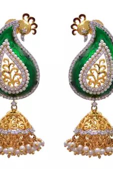 Green gold plated american diamond jhumkas