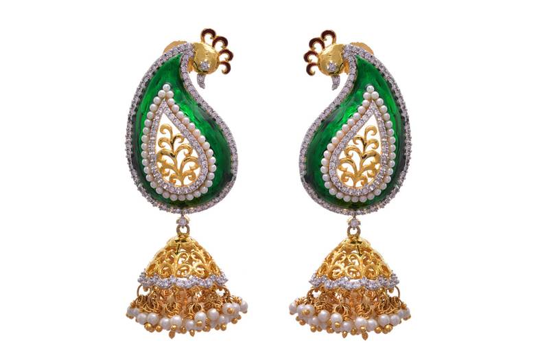 Green gold plated american diamond jhumkas