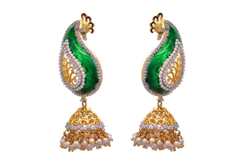 Green gold plated american diamond jhumkas