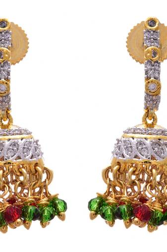 Red, green gold plated american diamond jhumkas