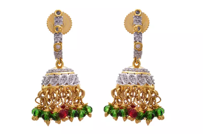 Red, green gold plated american diamond jhumkas