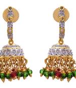 Red, green gold plated american diamond jhumkas