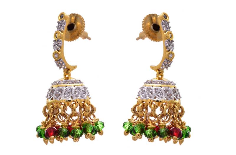Red, green gold plated american diamond jhumkas