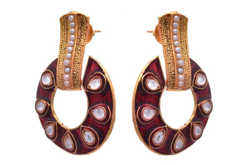 Peach pink gold plated diamond earrings