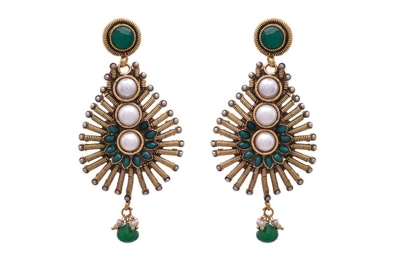 Green gold plated pearl danglers drops